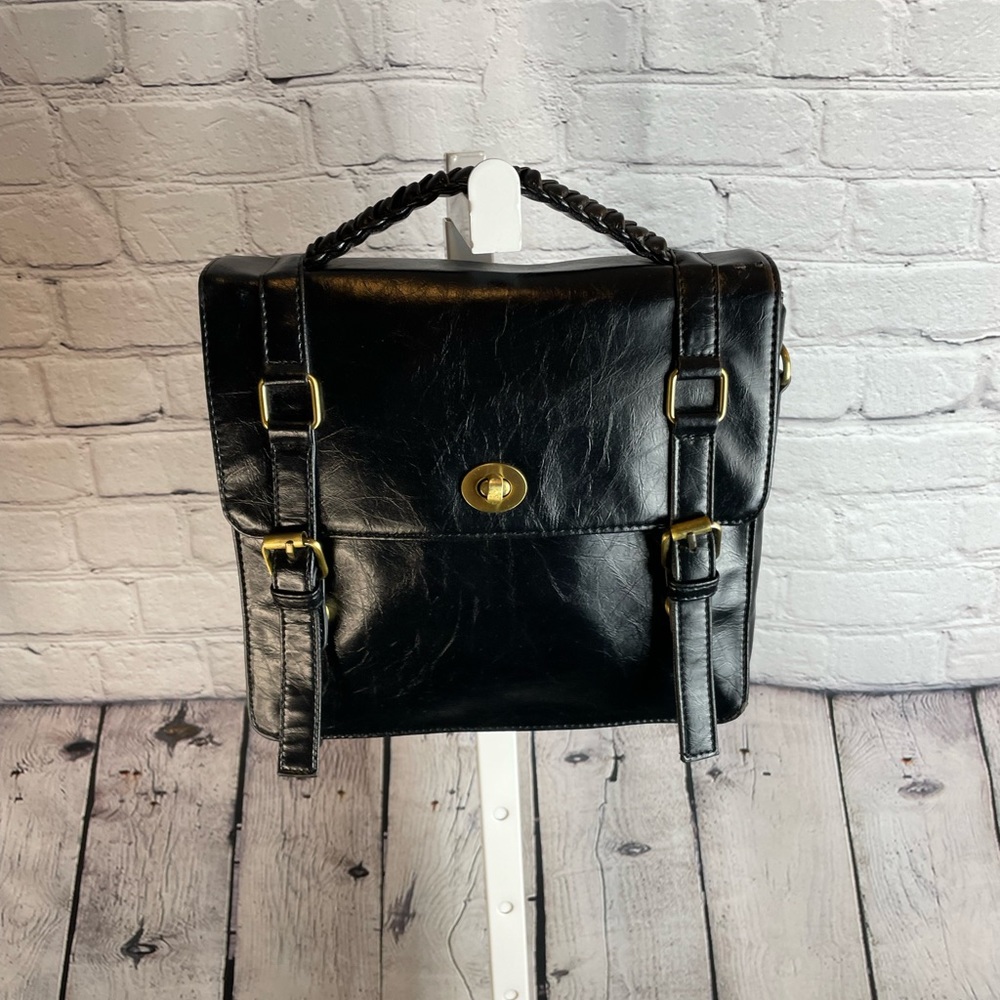 Convertible black vegan leather top-handle crossbody bag from Harajuku